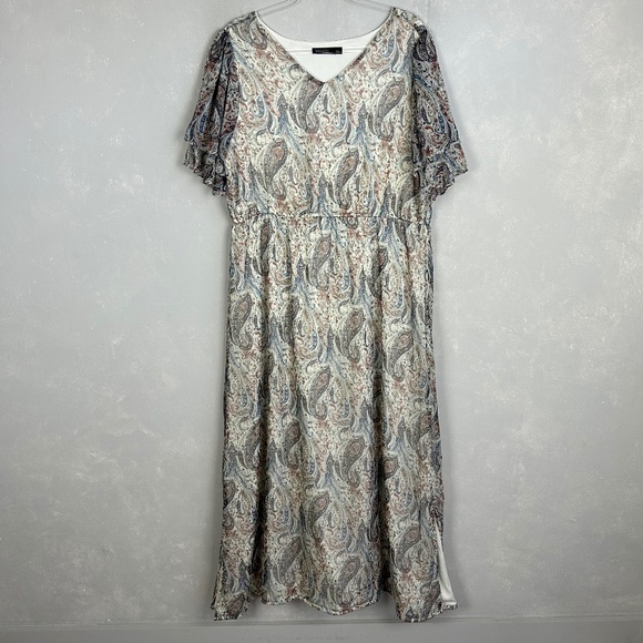 Mikarose The London maxi dress size XXL white paisley chiffon side slits modest - Picture 1 of 14